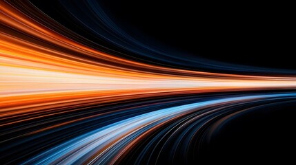 Wall Mural - the image features abstract, curving lines of light in shades of orange and blue set against a black
