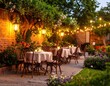 © Faqih - Classic outdoor café concept with vintage chairs, elegant tables, warm lanterns, brick walls, lush greenery, timeless charm, cozy ambiance, inviting atmosphere.
