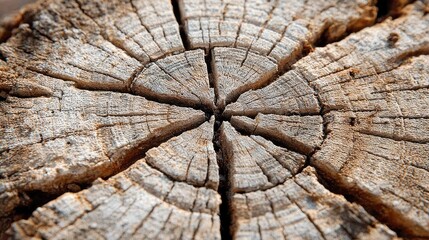 Close-up of a weathered tree stump's cross-section, revealing its concentric rings and cracks