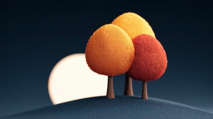 Wall Mural - Three stylized trees with textured foliage in autumn colors on a dark background with a glowing orb