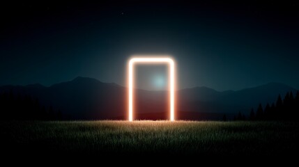 Wall Mural - Glowing rectangular portal in a misty field at dusk with mountain backdrop