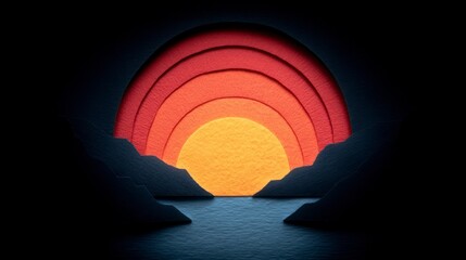 Wall Mural - Layered paper art sunset over water with textured mountains Landscape Horizon