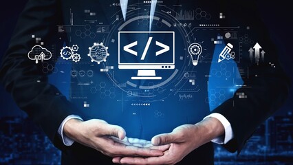 Modern web development concept featuring coding symbols, web development process, web development interface, and web development tools with futuristic design. Muxer
