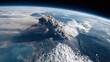 © Nuttawut - Volcanic Eruption from Space: A stunning, high-angle perspective reveals the raw power of nature as a volcano erupts, spewing ash into the atmosphere, against the backdrop of the Earth's curvature.
