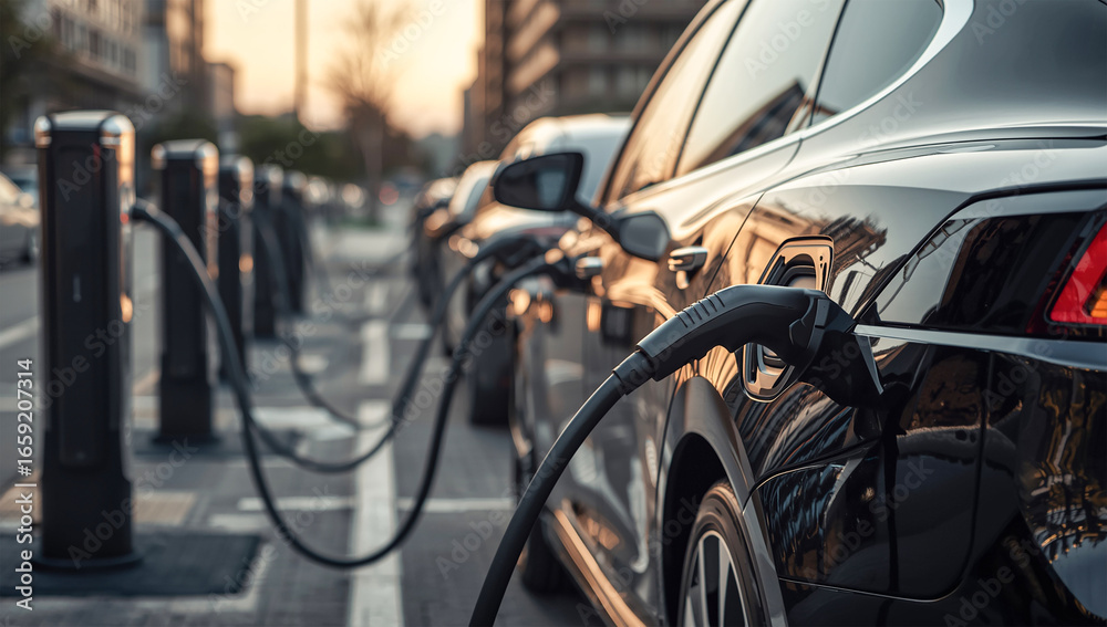 Row of Electric Cars Charging at EV Charging Stations in Modern City Street at Sunset