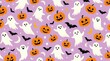 © ZHMPRO - Seamless halloween pattern with cute ghosts, pumpkins, and bats on a purple background