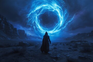 Canvas Print - Mysterious Traveler and Glowing Portal.time travel concept.