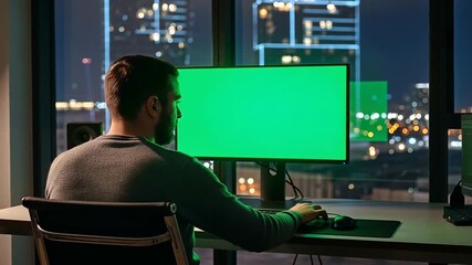Man Working on Computer with Green Screen in Modern Office at Night Background, Professional