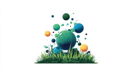 Colorful spheres rising above a field of grass.