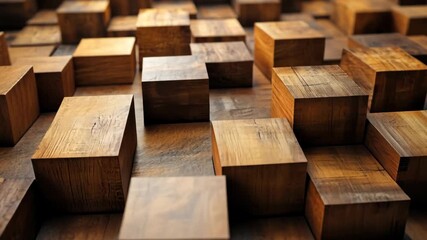 Abstract Wooden Cubes Textured Surface Warm Light 3D Rendered Design.