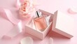 © Sherna - An elegant bottle of women's perfume resting in a soft pink gift box, adorned with a delicate ribbon and a fresh flower for a special occasion
