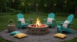 © tembok - Cozy Backyard Fire Pit Scene with Teal Adirondack Chairs and String Lights