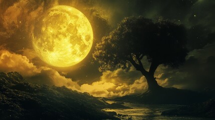 Wall Mural - Full moon glowing brightly in the night sky over a dark forest and a small stream.