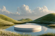 © Genorie - Minimal dreamy landscape with rolling green hills and calm water body surrounding round white platform under cloudy sky