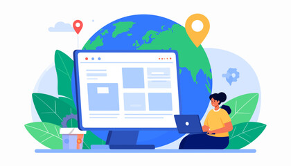Woman using laptop in front of a computer screen with a globe in the background, location pins.