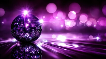 A dazzling purple crystal ball radiates light and reflects on a glossy surface
