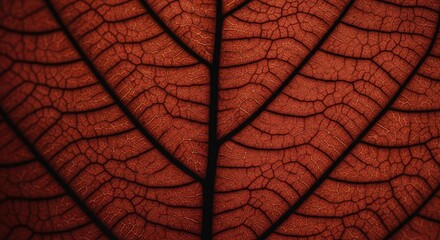 Detailed closeup of a reddishbrown leaf showcasing the intricate network of veins and cellular patterns