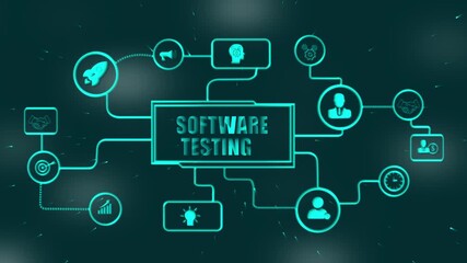 Software Testing Concept with Connected Icons and Flowchart Elements software testing, quality assurance, development, technology, concept, flowchart, infographic, digital, network