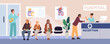 © VectorBum - Interior of polyclinic with registration point and patients waiting in line to see doctor. Medical service receptionist. Physician appointment queue. Hospital corridor. Vector concept