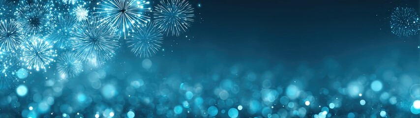 Winter fireworks, light blue bokeh background