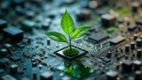 Close up of green plant sprouting from computer circuit board symbolizing fusion of nature and technology