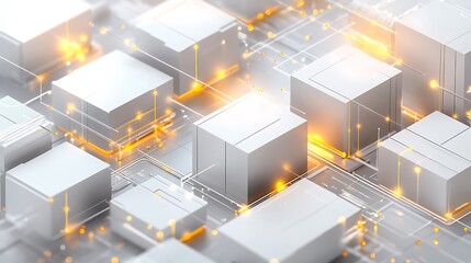 Abstract digital network of glowing circuits and data blocks, representing technology and future connections