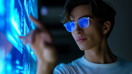 Man wearing glasses analyzing data and computer code on multiple screens in a dark room, focused on cybersecurity or programming.  
