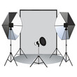 © Lam - A professional photography studio setup.  Several black tripods with adjustable lighting stands and softboxes are arranged in a studio setting. The backdrop is a large, smooth, seamless white roll tha