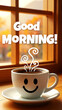 © designer rofiqul - Cheerful Coffee Cup With Steam And Morning Greeting white saucer