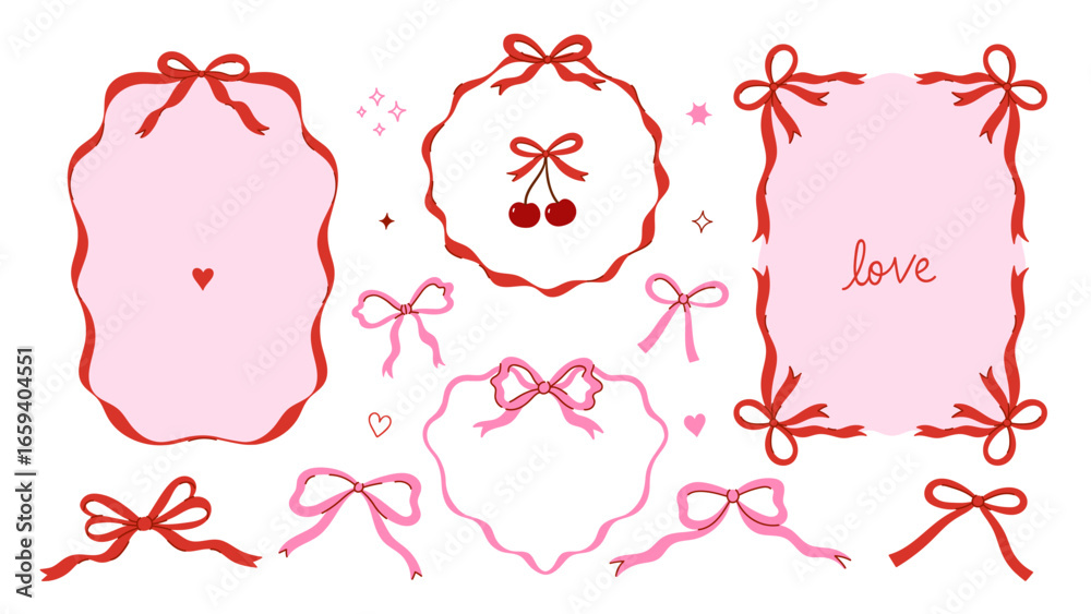 Set of frames made of ribbons and bows in pink and red colors. Vector ...
