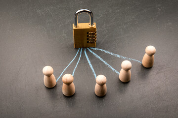 Wall Mural - Conceptual illustration of Personal Data Security and centralized access control using a padlock and chalk arrows connecting individual figures