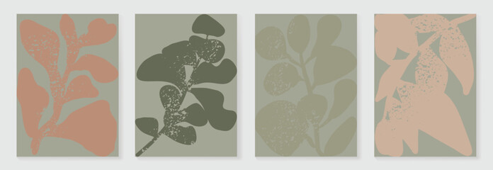 Wall Mural - Abstract botanical poster vector set. Leaves, flower with watercolor and grain texture in earth tone colors. Illustration design for Eco packaging, interior, cover, wall art, wallpaper.