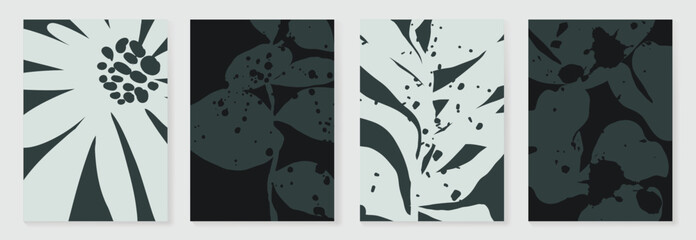 Wall Mural - abstract botanical poster vector set. leaves, flower with watercolor and grain texture in earth tone