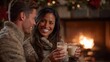 © Salsabila Ariadina - A couple smiles and raises glasses filled with warm drinks near a crackling fireplace