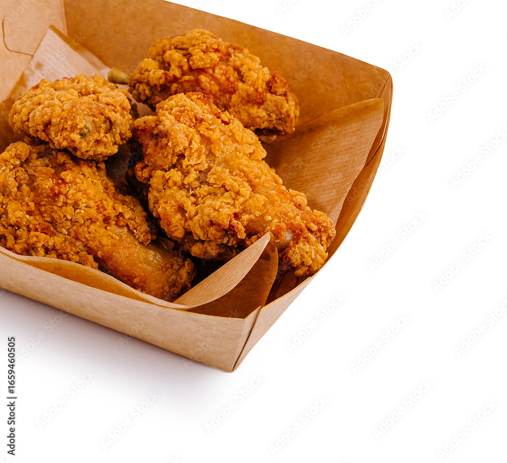 Crispy fried chicken served in a takeout container with a golden brown ...