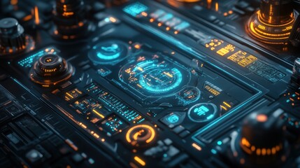 Close-up of a futuristic control panel with glowing blue and orange digital interfaces, intricate details, and various knobs and buttons suggesting advanced technology