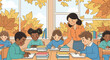 © Amie - Adobe illustrator artwork vector illustration. A teacher assisting elementary school students reading at their desks in a classroom with autumn-themed window decorations of falling leaves