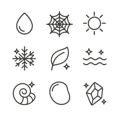 Shiny Nature Icons. Outline icon set of shiny nature elements: dewdrop, spider web, sunbeam, sparkling snowflake, glossy leaf,