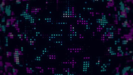 digital technology abstract animation with pink and blue glowing dots on black background