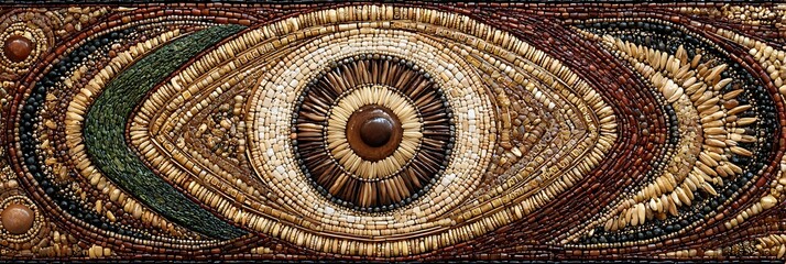 Beaded eye artwork featuring tan, brown, & green beads in an oval shape with detailed elements