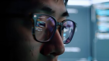 Close up of person wearing glasses reflecting computer code on the lens of the eyewear