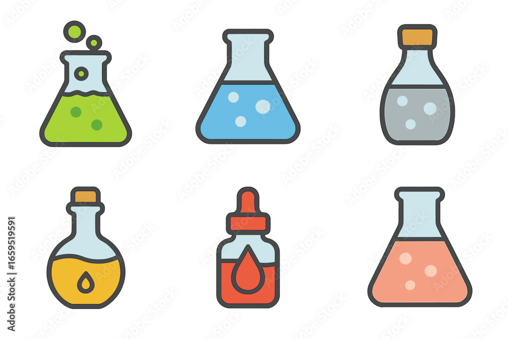 Colorful Liquid Types Icons. Flat vector mini-illustrations liquid ...