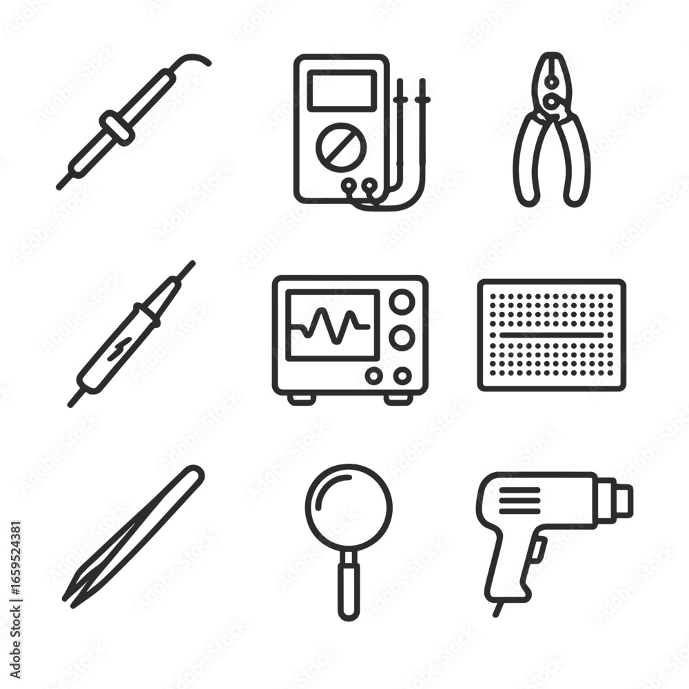 Tools Electronics Vector Electronic Tools Icons. Outline icon set of electronic tools: soldering ...