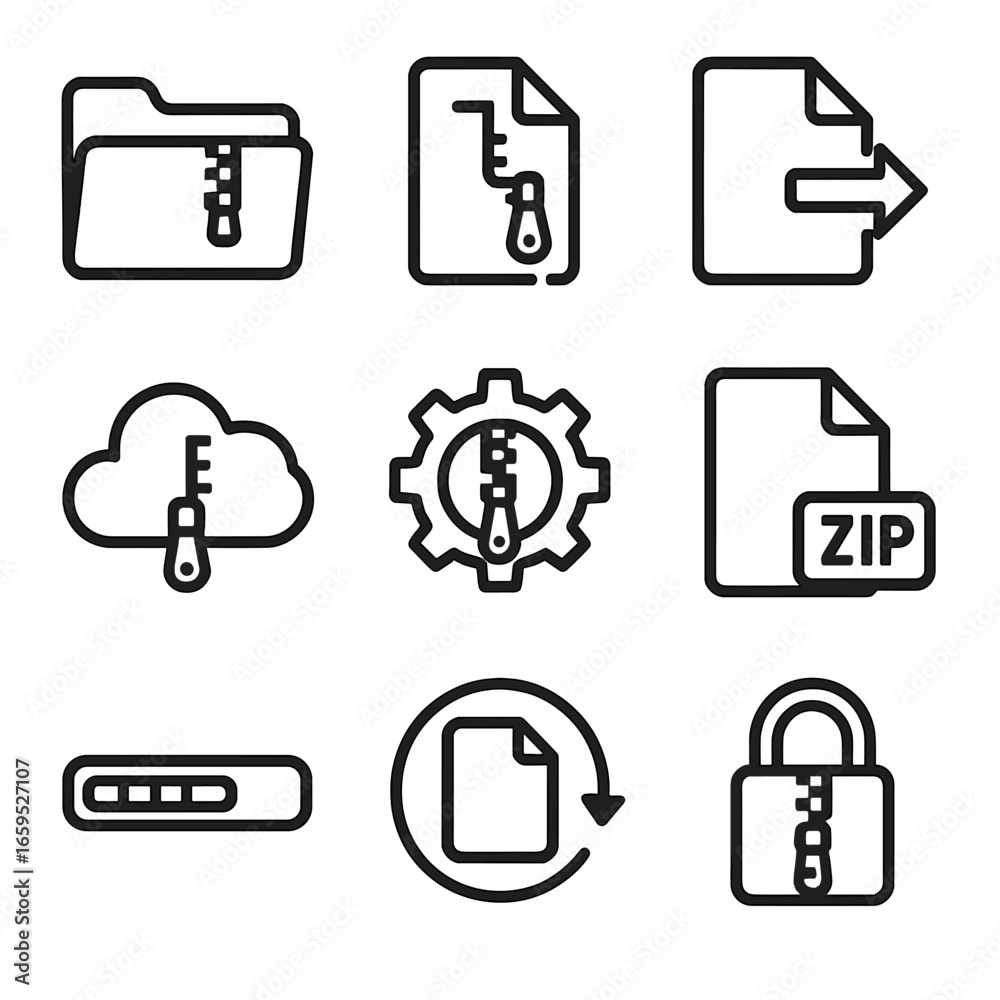 File Compression Icons. Outline icon set of file compression software ...