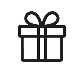 Simple black outline icon of a gift box with a bow on a white background
