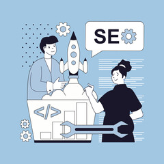 Wall Mural - seo optimization concept for modern web design. people research online website traffic data, selecti