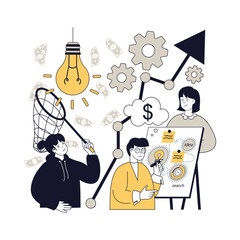Wall Mural - Startup concept for modern web design. People launching new business in cooperation, planning strategy and marketing, setting goals, developing company for future progress. Vector illustration.