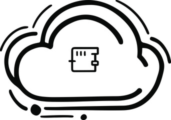 Black and white hand-drawn cloud storage icon vector, minimal doodle style, bold smooth ink line art, abstract digital silhouette, professional high-quality vector illustration