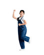 © STOCK88PHOTOGRAPHER - A cheerful young girl in denim overalls, smiling with her arm raised in a pose of confidence on PNG