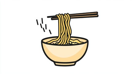 Wall Mural - minimalist vector illustration of wooden chopsticks holding steaming ramen noodles, bold black outline style, natural wood grain texture, centered composition on pure white background, simple elegant